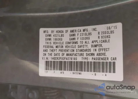 2015 Honda Accord Ex-L z USA, uszkodzony, nr VIN 1HGCR2F82FA276180